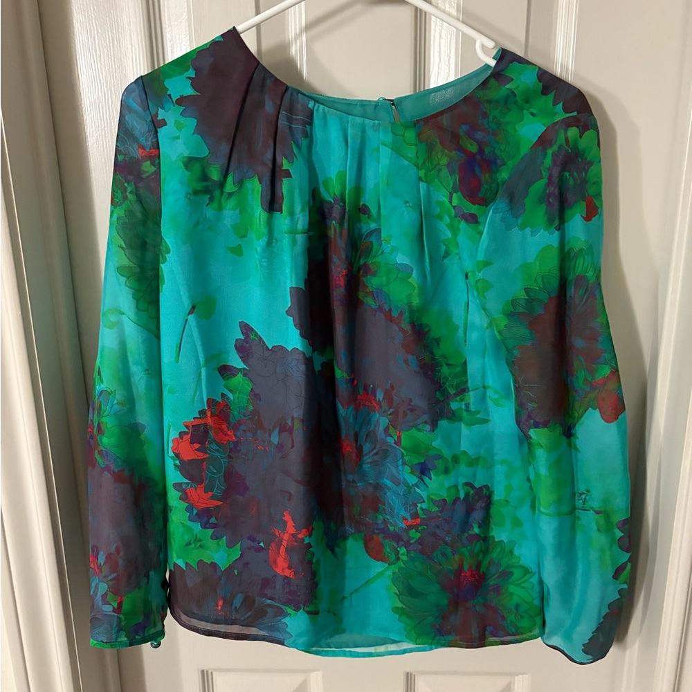 J. Crew Watercolor Floral Green and Red silk Women's Top size 6